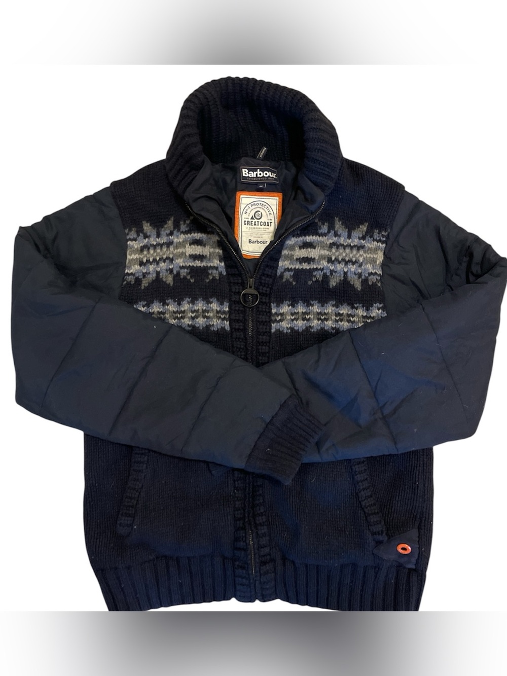 Barbour Great Coat Blue Fair Isle Nordic Chest Pattern Quilted Puffer Sleeve Med